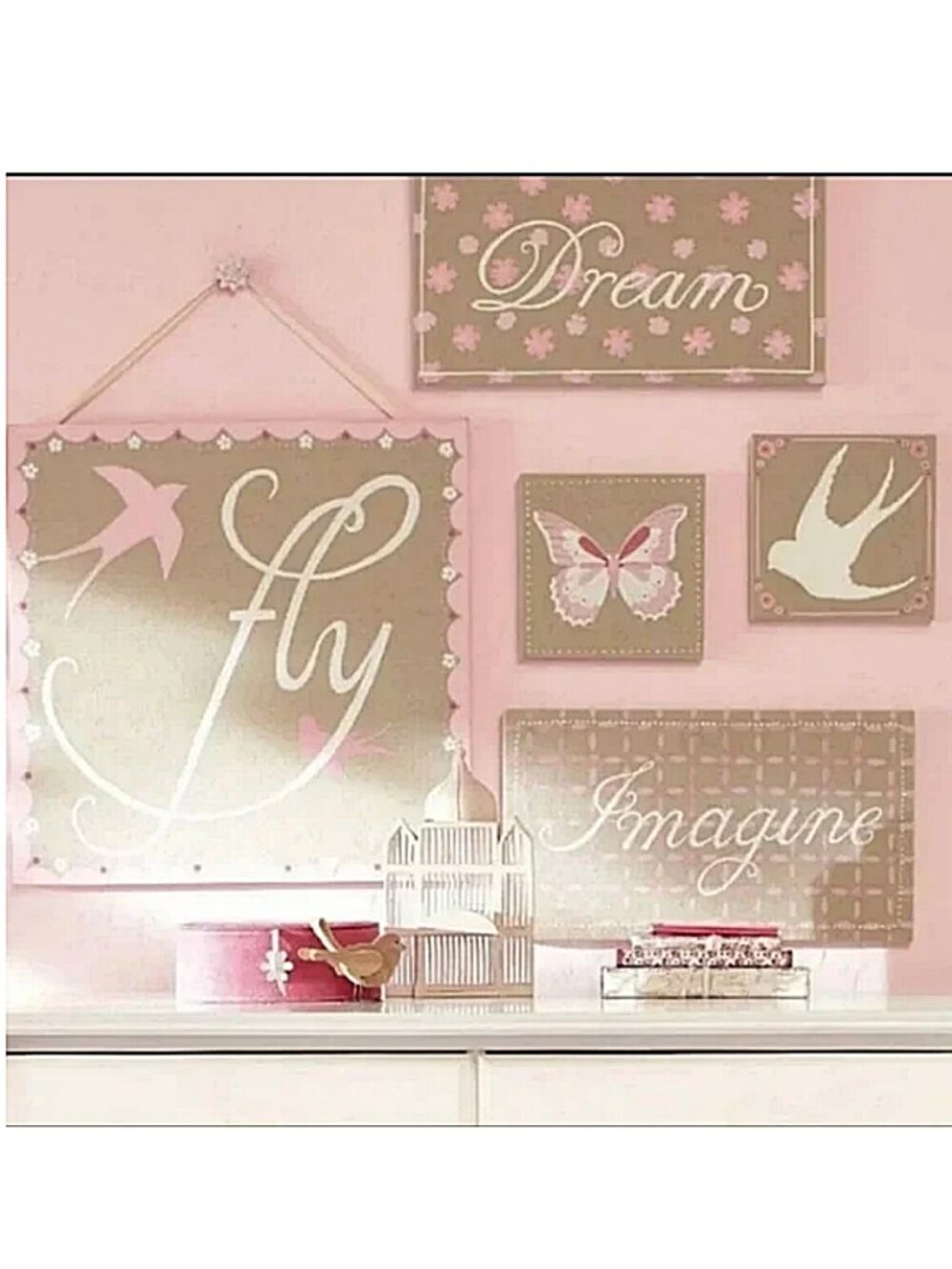 Pottery Barn Girls Canvas Wall Art Decor Set of 3 Dream Imagine Bird